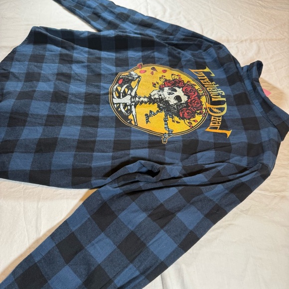 Grateful Dead Blue Plaid Flannel Shirt Skeleton Roses Graphic Womens Medium NWT - Picture 13 of 16